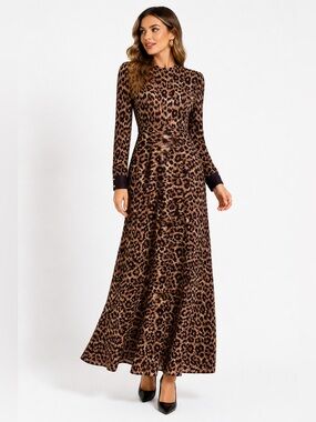 Leopard Print Maxi Dress Long Sleeve Mermaid Hem Boutique Glam Animal Print